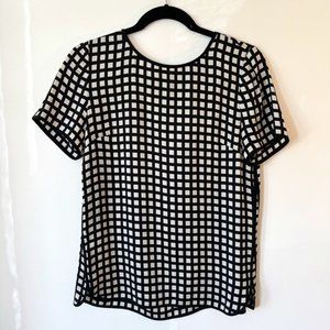 J. Crew Tipped Silk Tee Windowpane Blouse Top Short Sleeve Black White